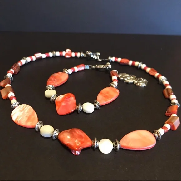 New Handmade Child’s Jewelry Set- Necklace, Bracelet & Earrings, Coral / Ivory - Picture 2 of 7